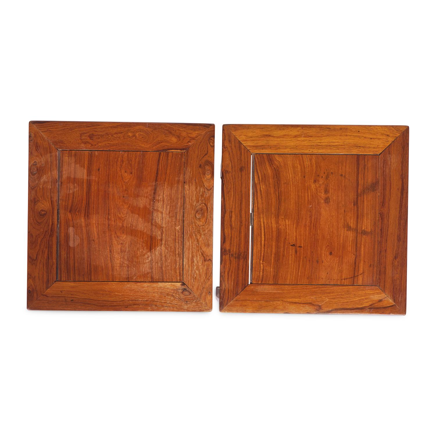 A Pair of Chinese Huanghuali Square Stools, Fangdeng, Qing Dynasty 清 黃花梨有束腰透雕拐子龙纹方凳一對