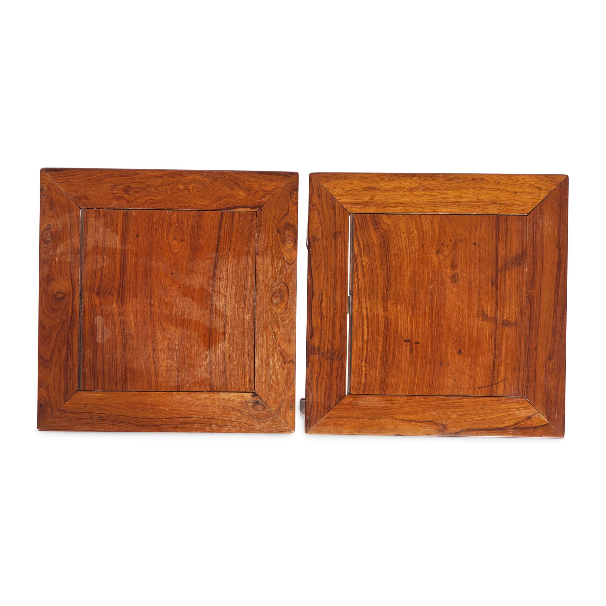 A Pair of Chinese Huanghuali Square Stools, Fangdeng, Qing Dynasty 清 黃花梨有束腰透雕拐子龙纹方凳一對
