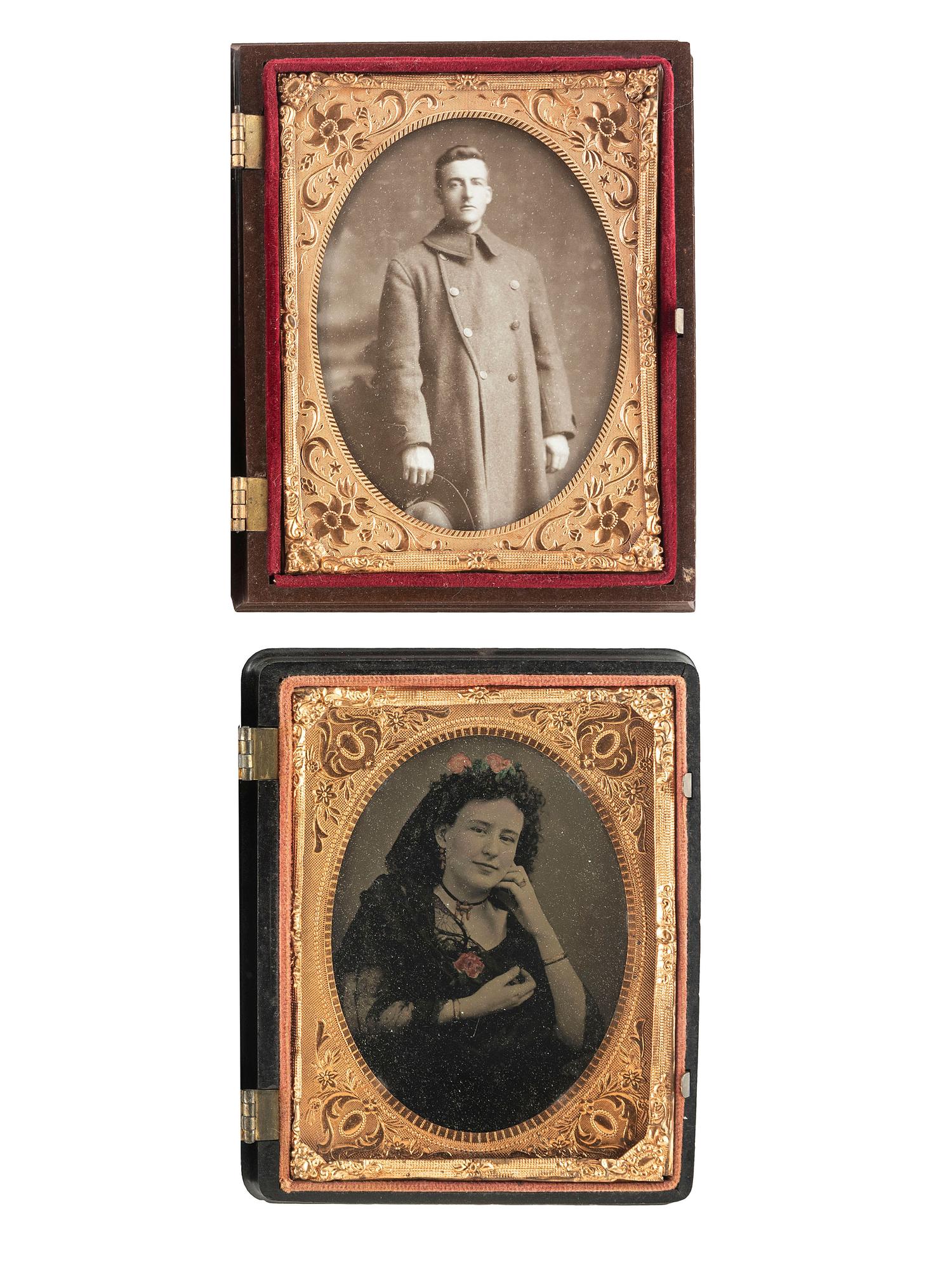 [EARLY PHOTOGRAPHY]. A group of 7 quarter plate Union cases with figural designs, comprising: