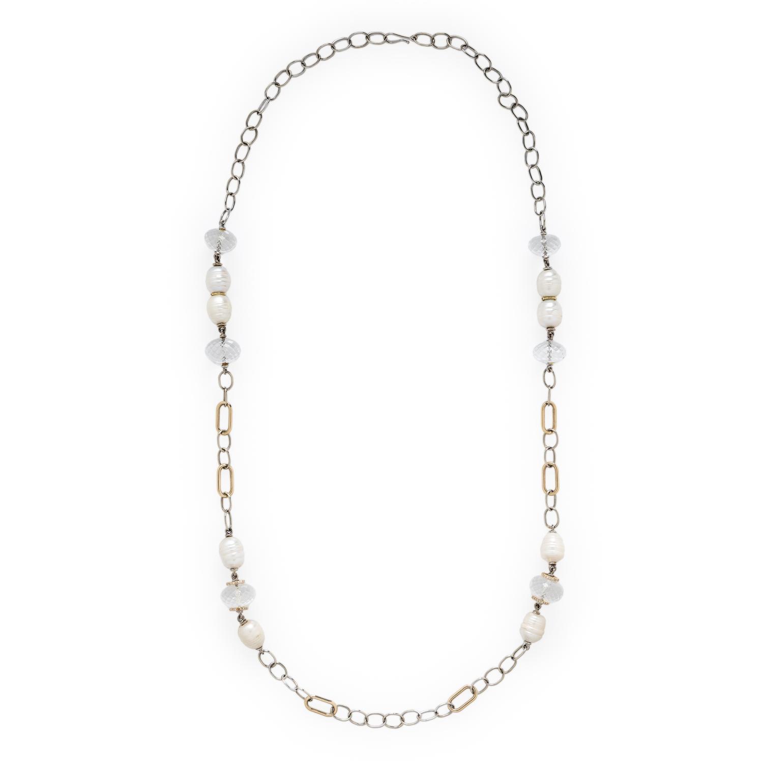 Sazingg, Baroque Cultured Pearl, Rock Crystal Quartz, and Bicolor Gold Chain Necklace