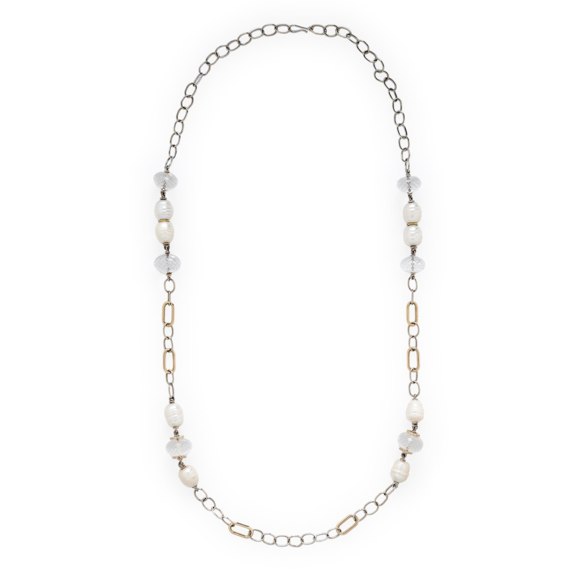 Sazingg, Baroque Cultured Pearl, Rock Crystal Quartz, and Bicolor Gold Chain Necklace