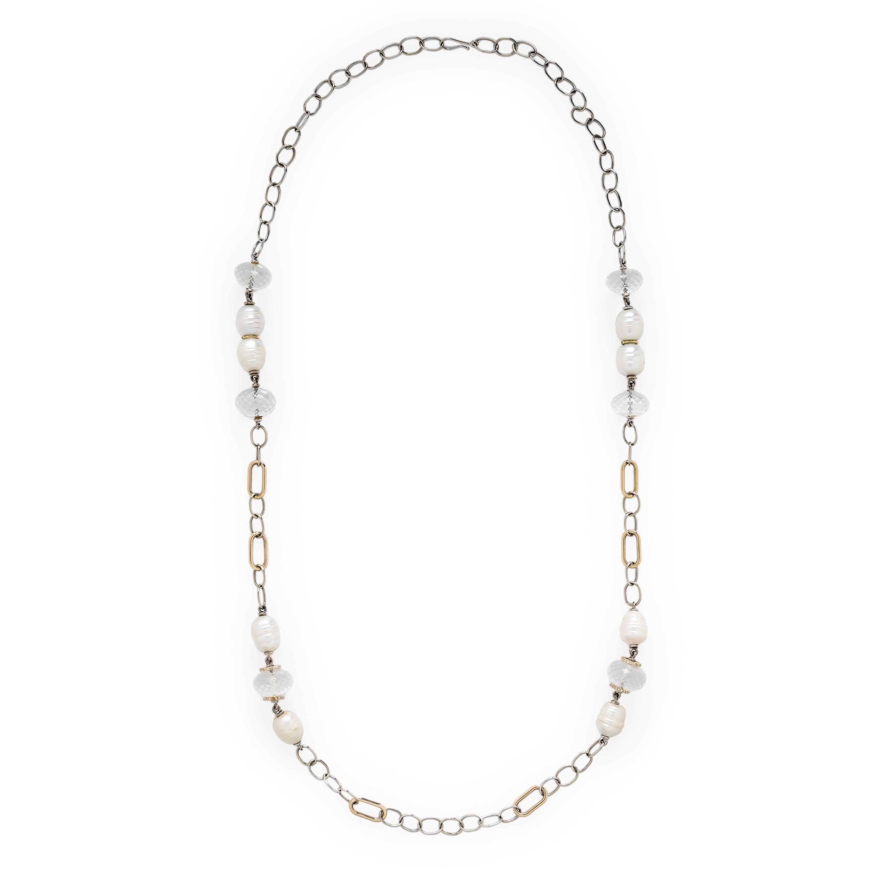 Sazingg, Baroque Cultured Pearl, Rock Crystal Quartz, and Bicolor Gold Chain Necklace