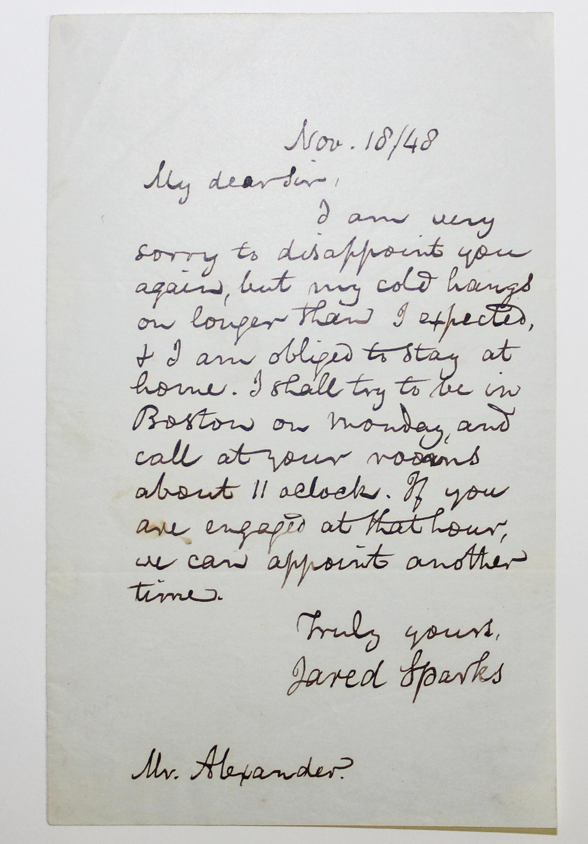 SPARKS, JARED Autographed letter signed. One page. Dated November 18, 1848.