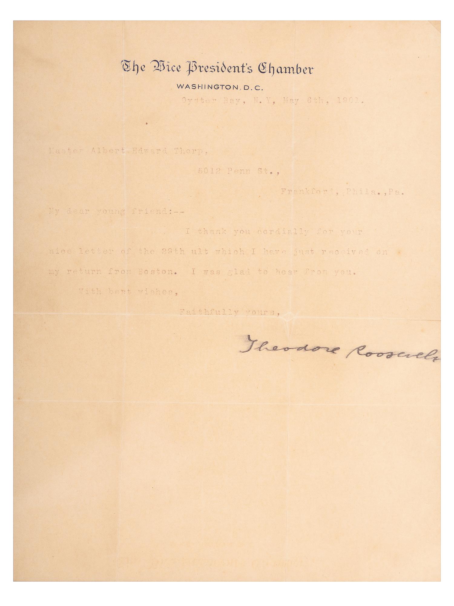 ROOSEVELT, Theodore (1858-1919). Typed letter signed ("Theodore Roosevelt"), as Vice President. Oyster Bay, NY, 5 May 1901.