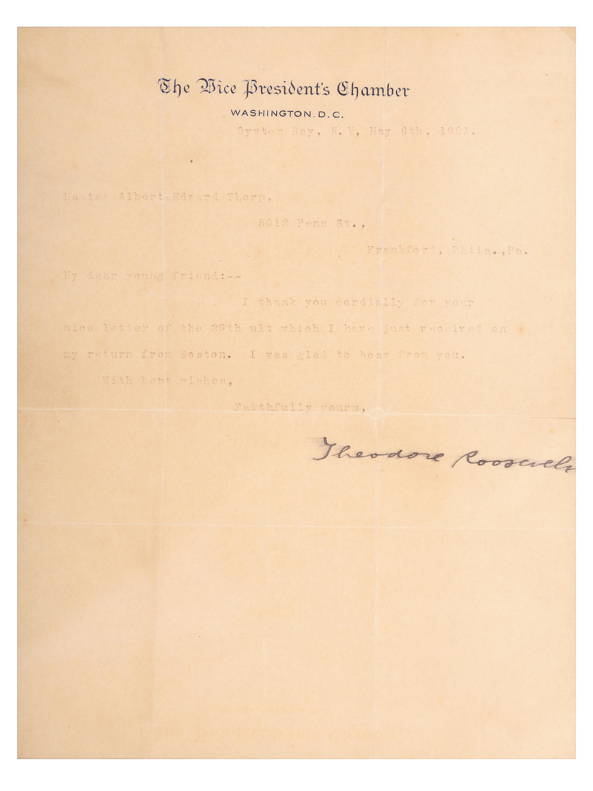 ROOSEVELT, Theodore (1858-1919). Typed letter signed ("Theodore Roosevelt"), as Vice President. Oyster Bay, NY, 5 May 1901.
