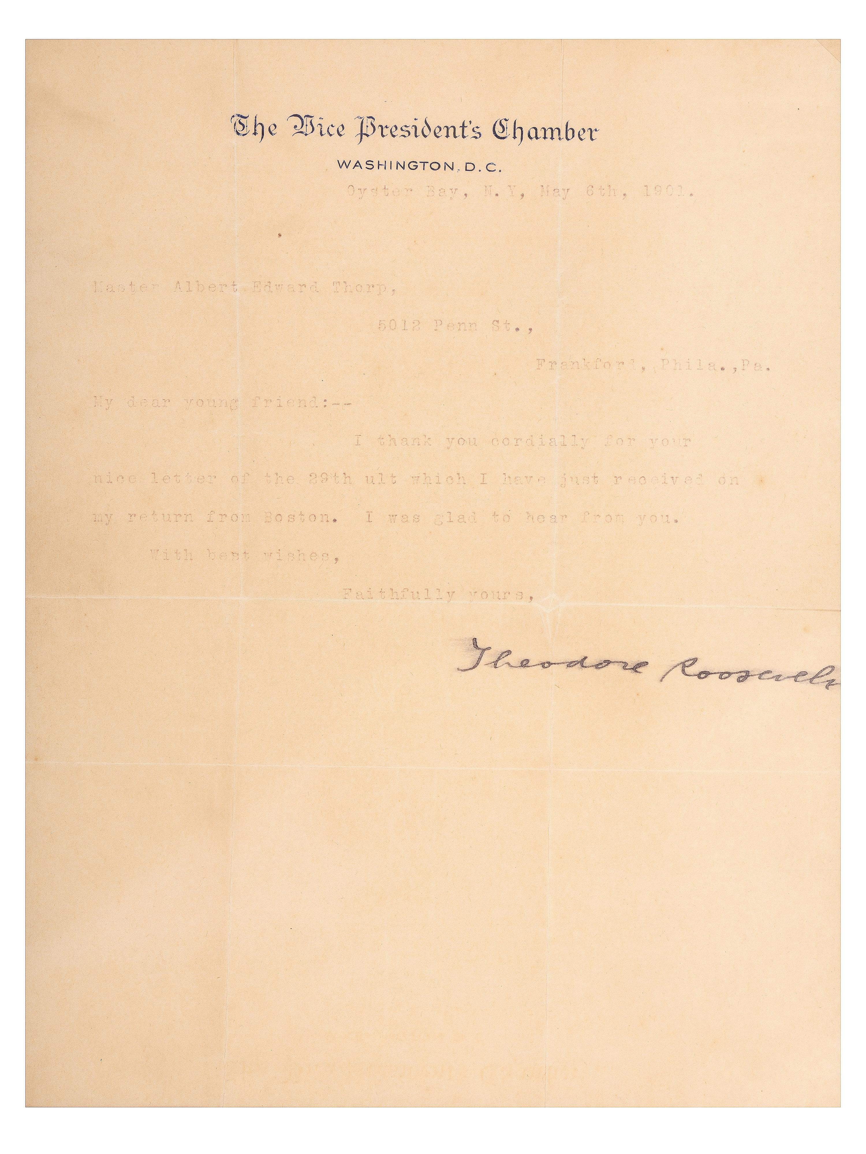 ROOSEVELT, Theodore (1858-1919). Typed letter signed ("Theodore Roosevelt"), as Vice President. Oyster Bay, NY, 5 May 1901.