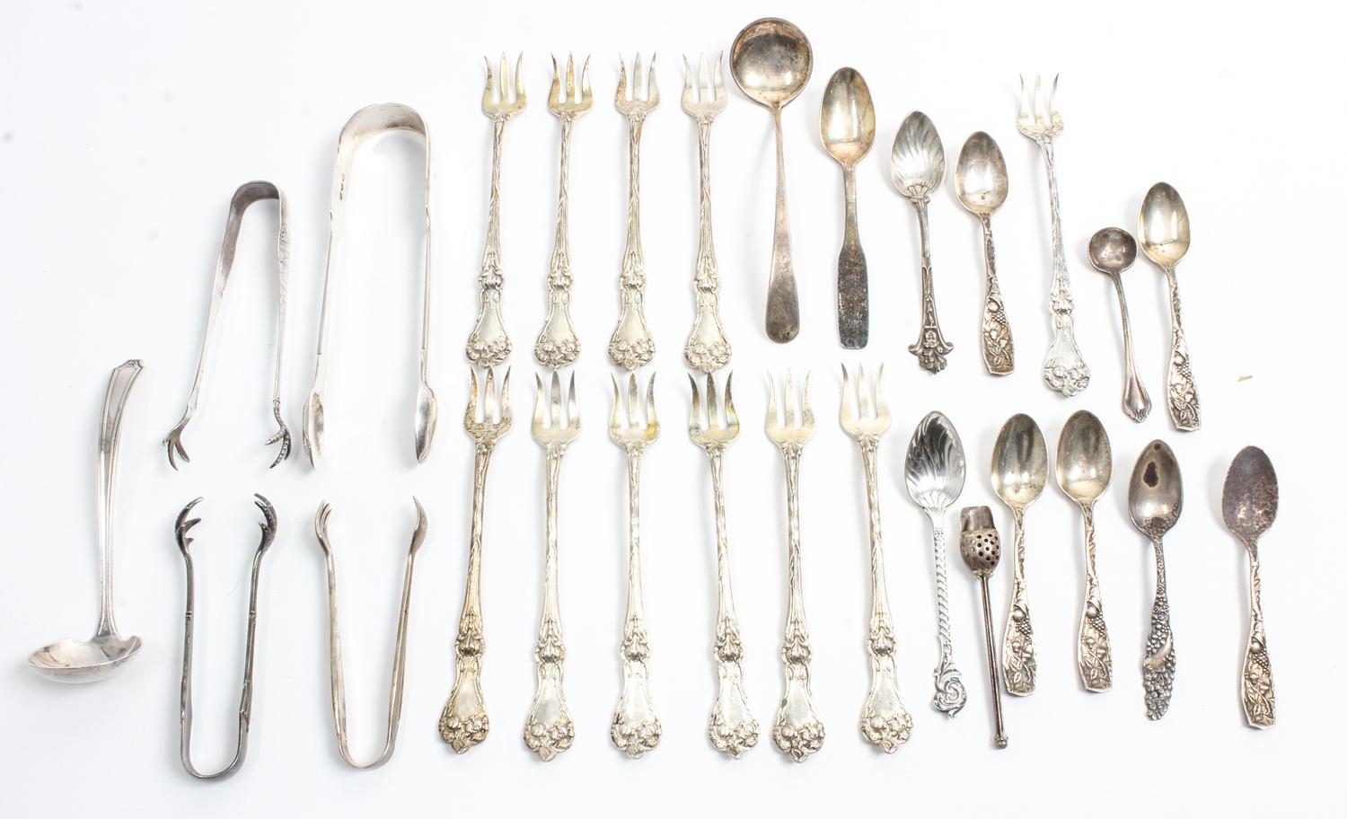 A Collection of Silver Flatware Articles, various makers, comprising 11 cocktail forks marked Alvin Mfg. Co., Providence, RI, 8 coffee