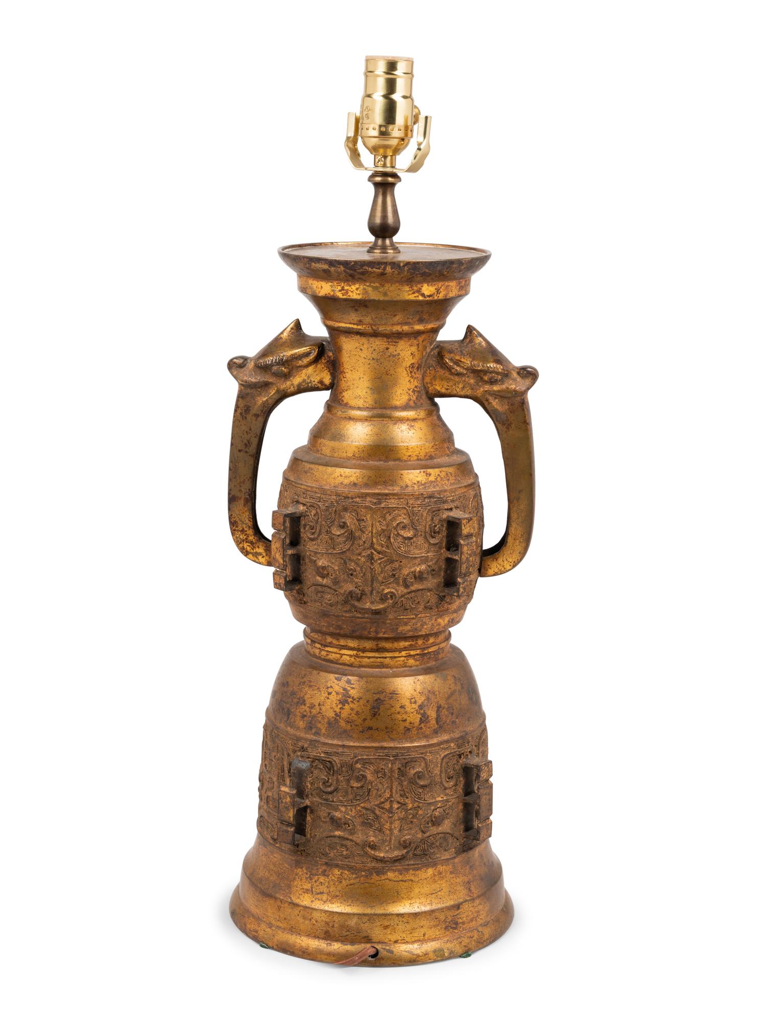 A Chinese Archaic Style Gilt Metal Lamp in the Manner of James Mont
