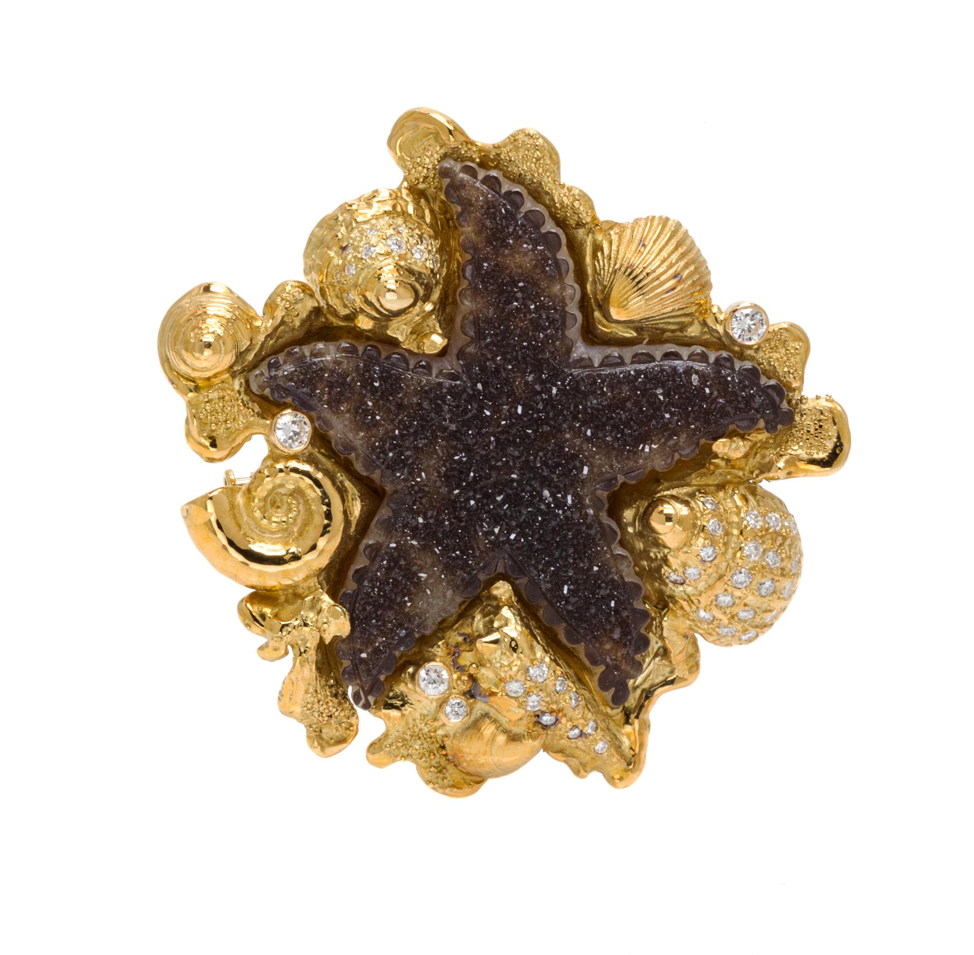 An 18 Karat Yellow Gold, Druzy Quartz and Diamond Brooch, Elizabeth Gage, 27.40 dwts.