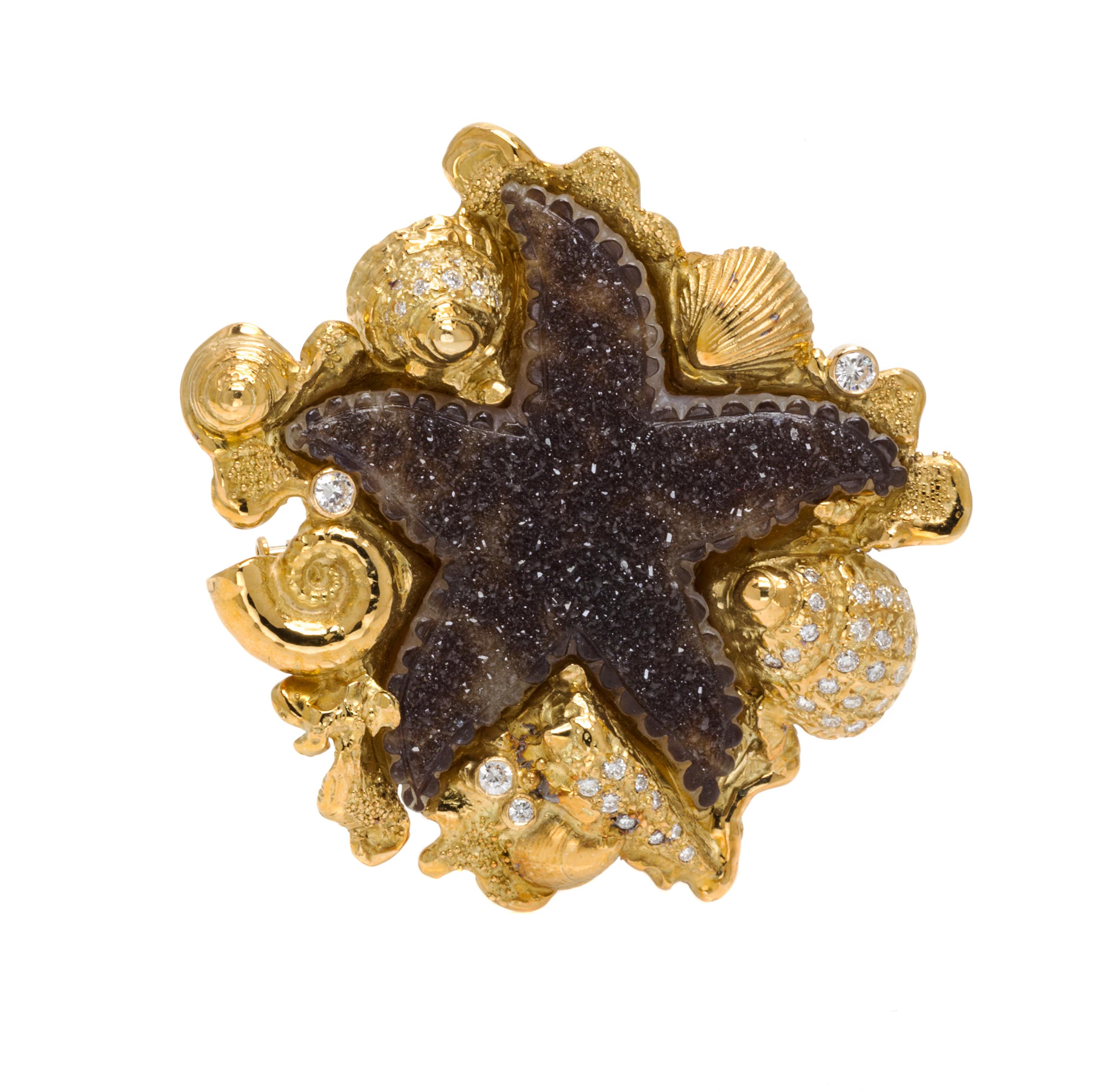 An 18 Karat Yellow Gold, Druzy Quartz and Diamond Brooch, Elizabeth Gage, 27.40 dwts.