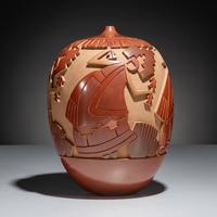 Carved Red and Tan Pottery Jar March 1998