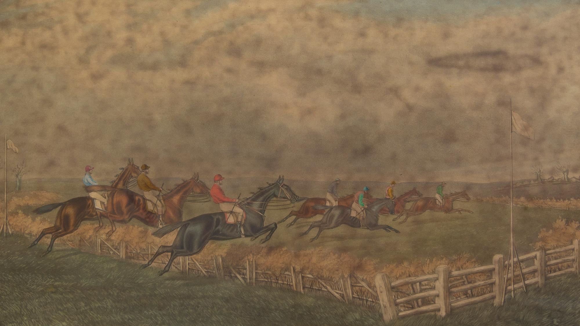 Six English Equestrian Race Prints, Height 7 3/4 x width 13 5/8 inches (visible).
