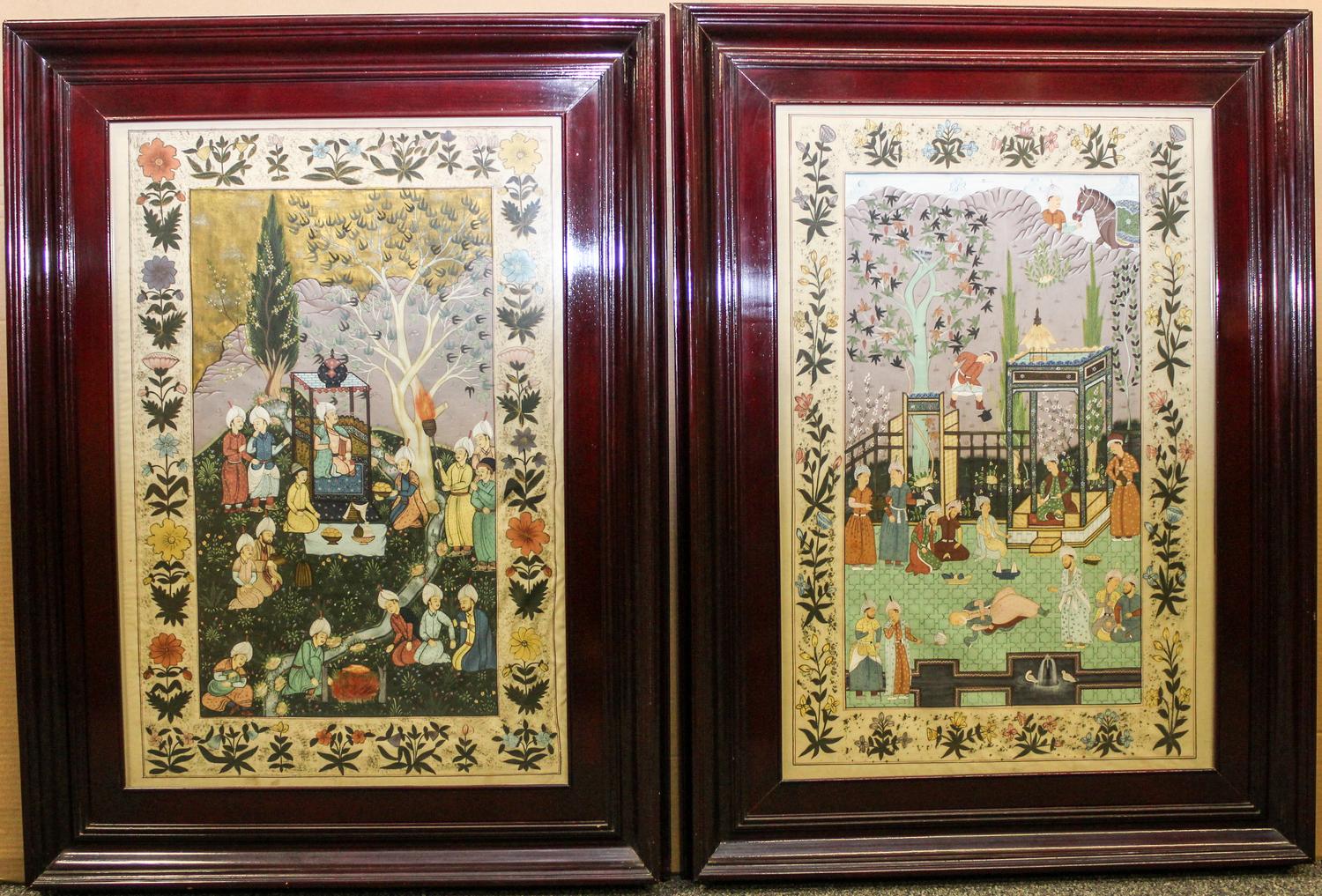 Two Persian Paintings on Silk Each: 30 x 21 inches.