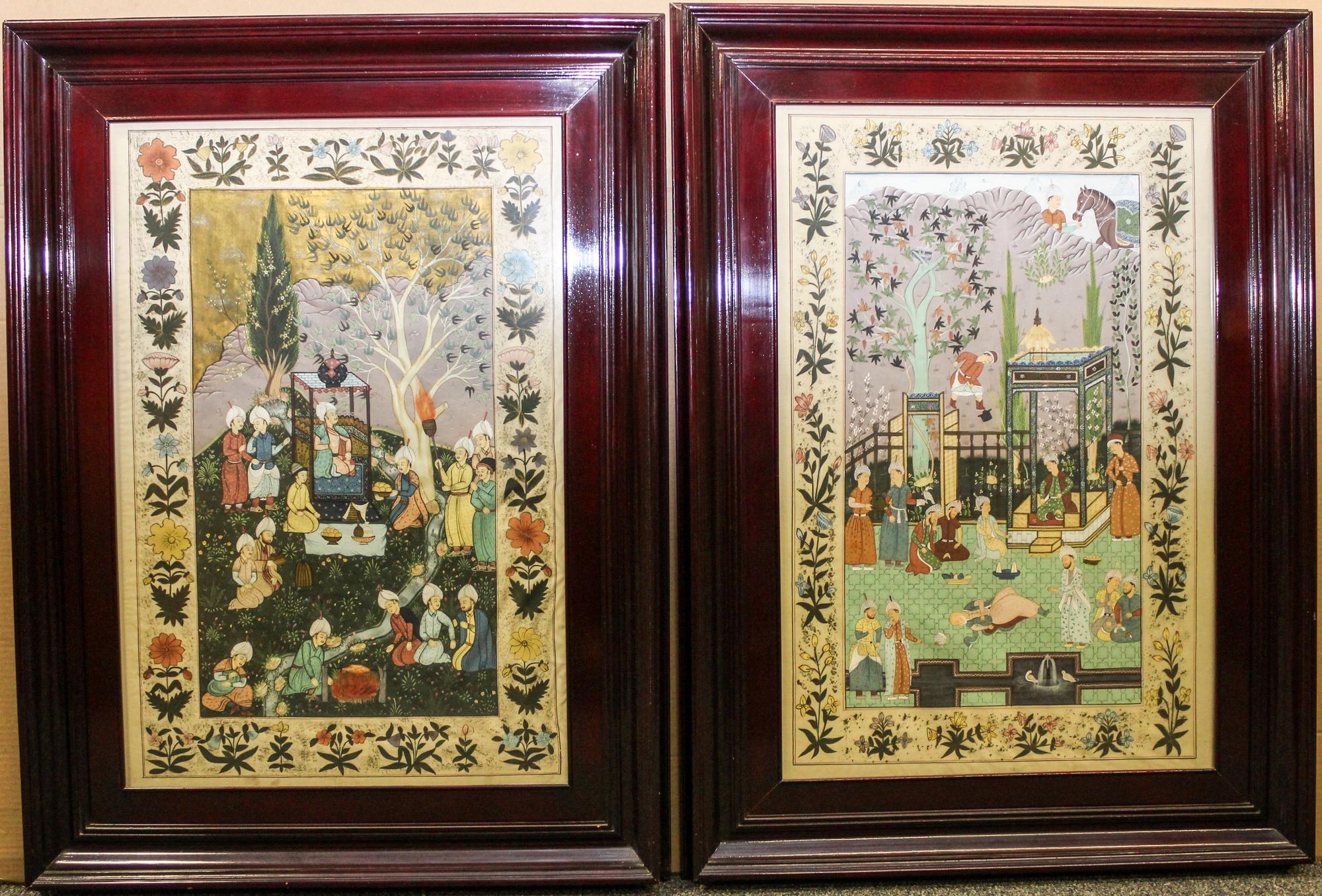 Two Persian Paintings on Silk Each: 30 x 21 inches.