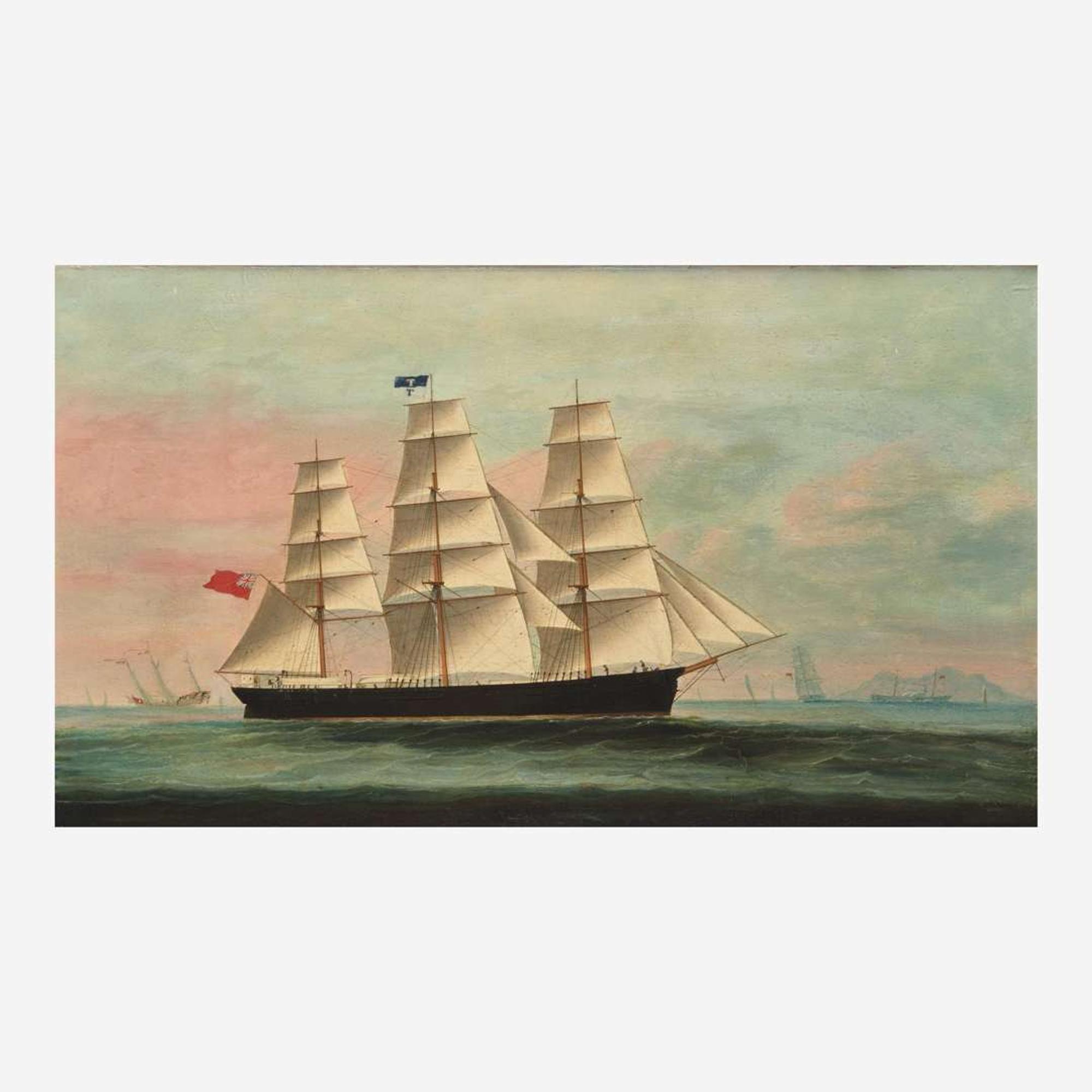 A China Trade painting depicting a British ship off a coast 海上貿易畫 19th century ????
