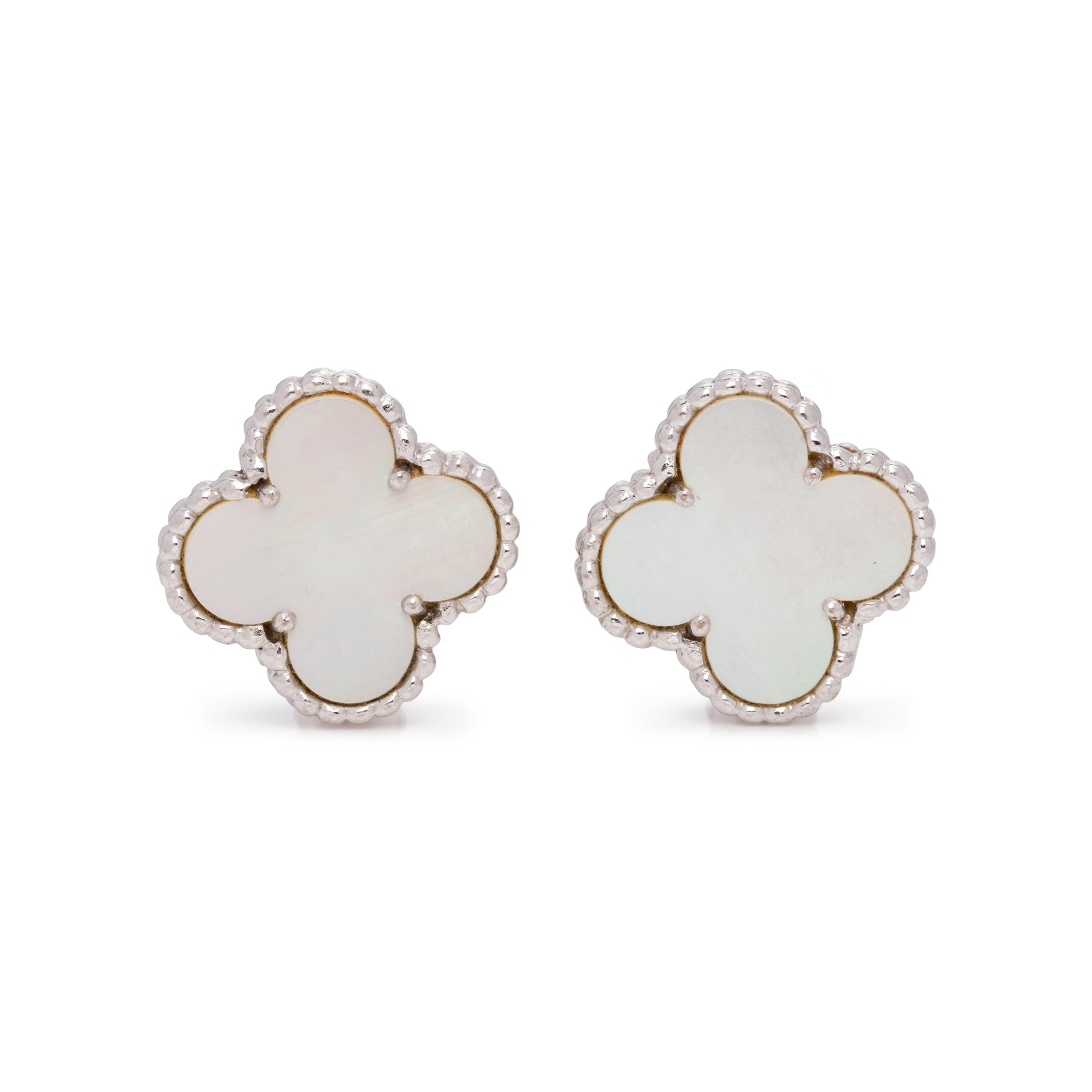 VAN CLEEF & ARPELS, WHITE GOLD AND MOTHER-OF-PEARL 'ALHAMBRA' EARCLIPS