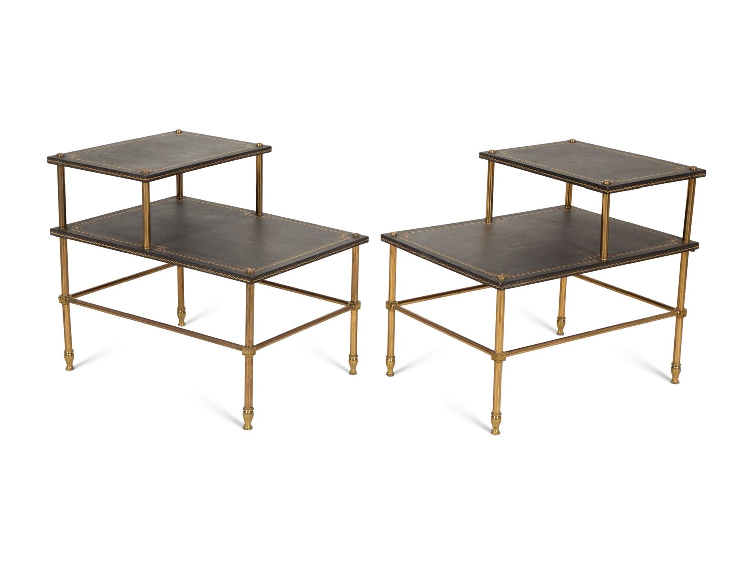 A Pair of Brass and Leather Two-Tier Side Tables