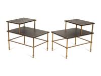 A Pair of Brass and Leather Two-Tier Side Tables
