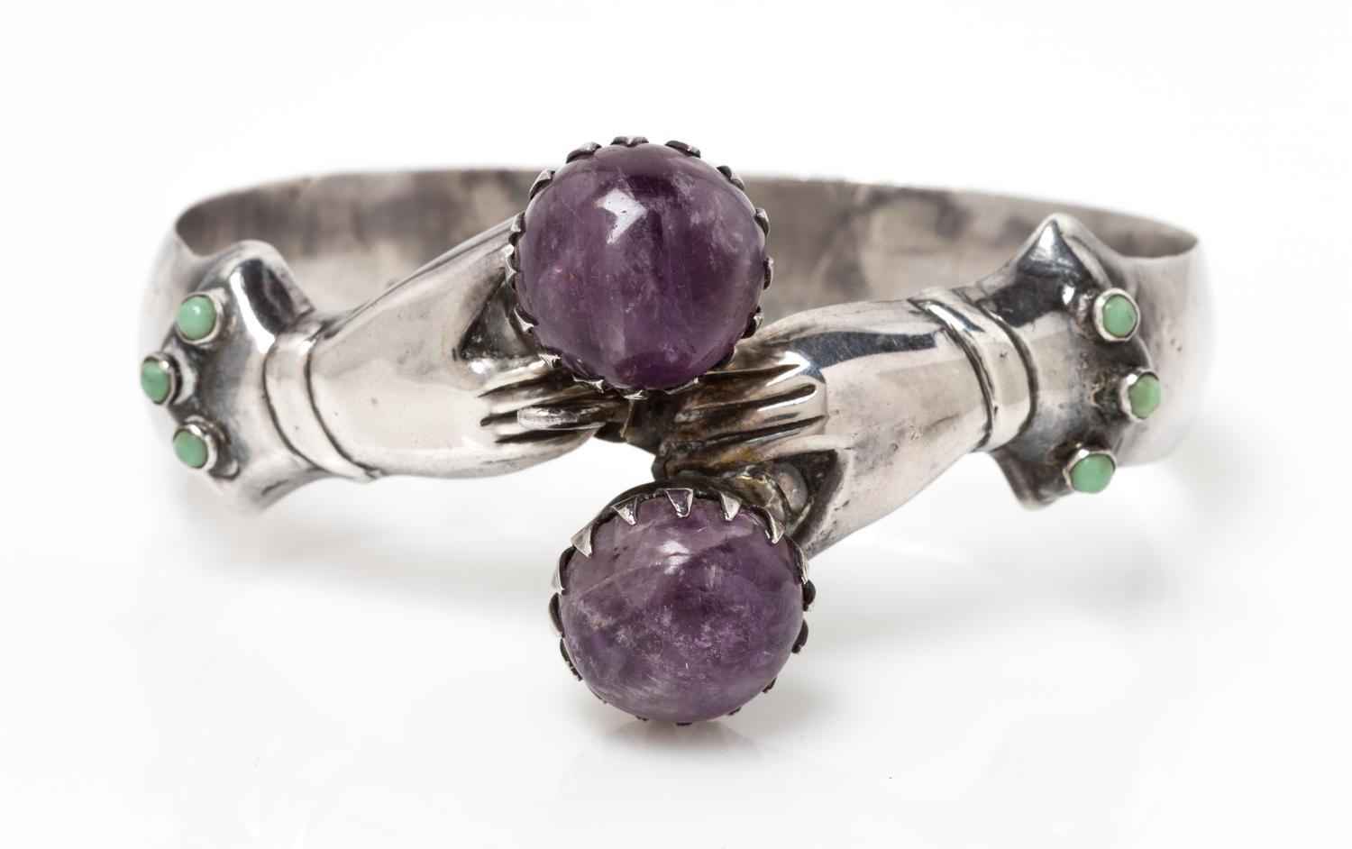 A Silver, Amethyst and Turquoise Hand Motif Bypass Bracelet, Mexico, Pre-1948, 39.80 dwts.