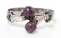 A Silver, Amethyst and Turquoise Hand Motif Bypass Bracelet, Mexico, Pre-1948, 39.80 dwts.
