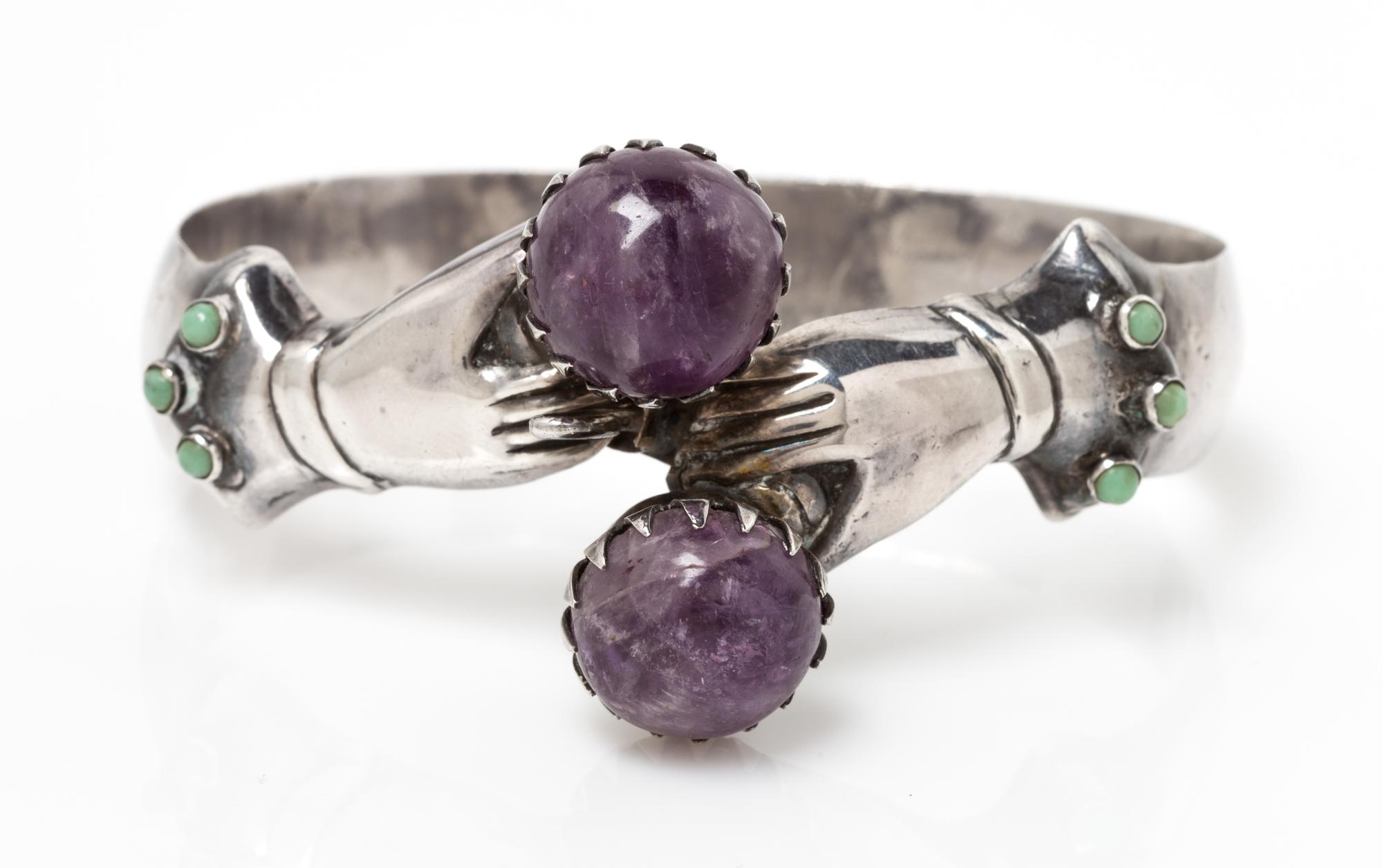 A Silver, Amethyst and Turquoise Hand Motif Bypass Bracelet, Mexico, Pre-1948, 39.80 dwts.