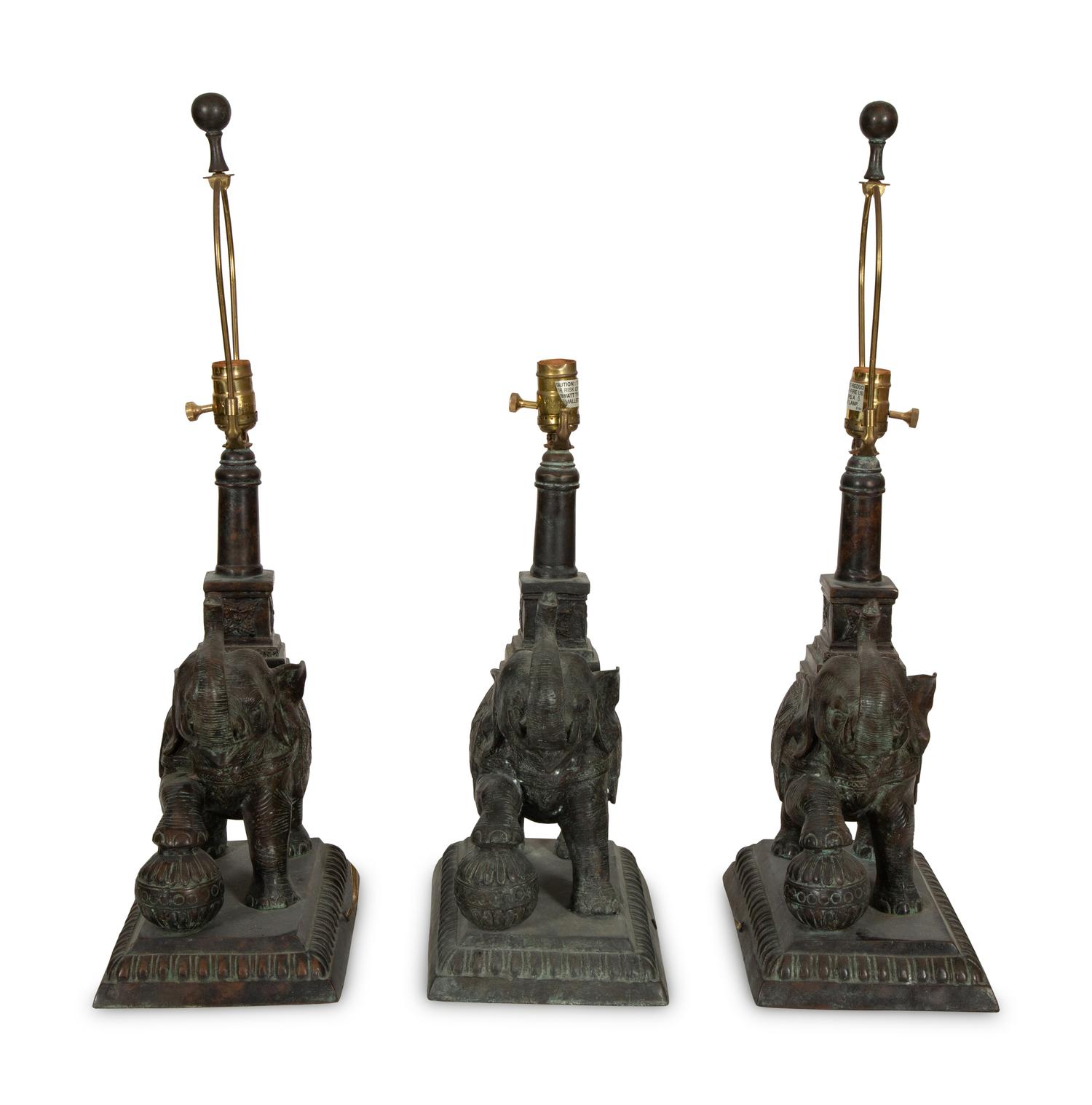 A Set of Three Maitland Smith Cast Metal Elephant-Form Table Lamps