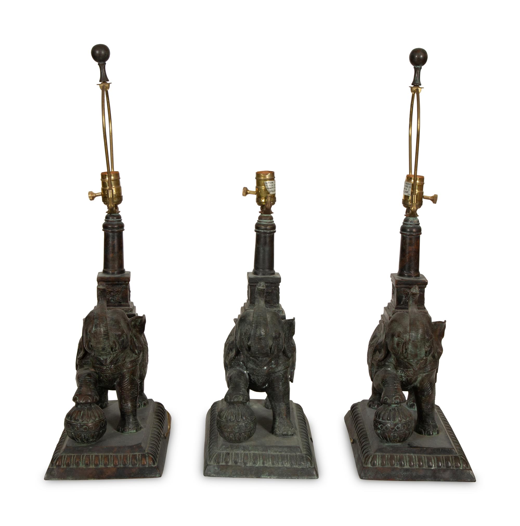 A Set of Three Maitland Smith Cast Metal Elephant-Form Table Lamps