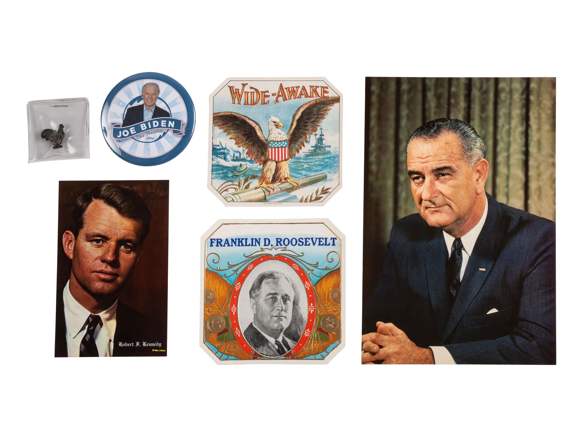 [POLITICS]. A group of over 100 political buttons, including: