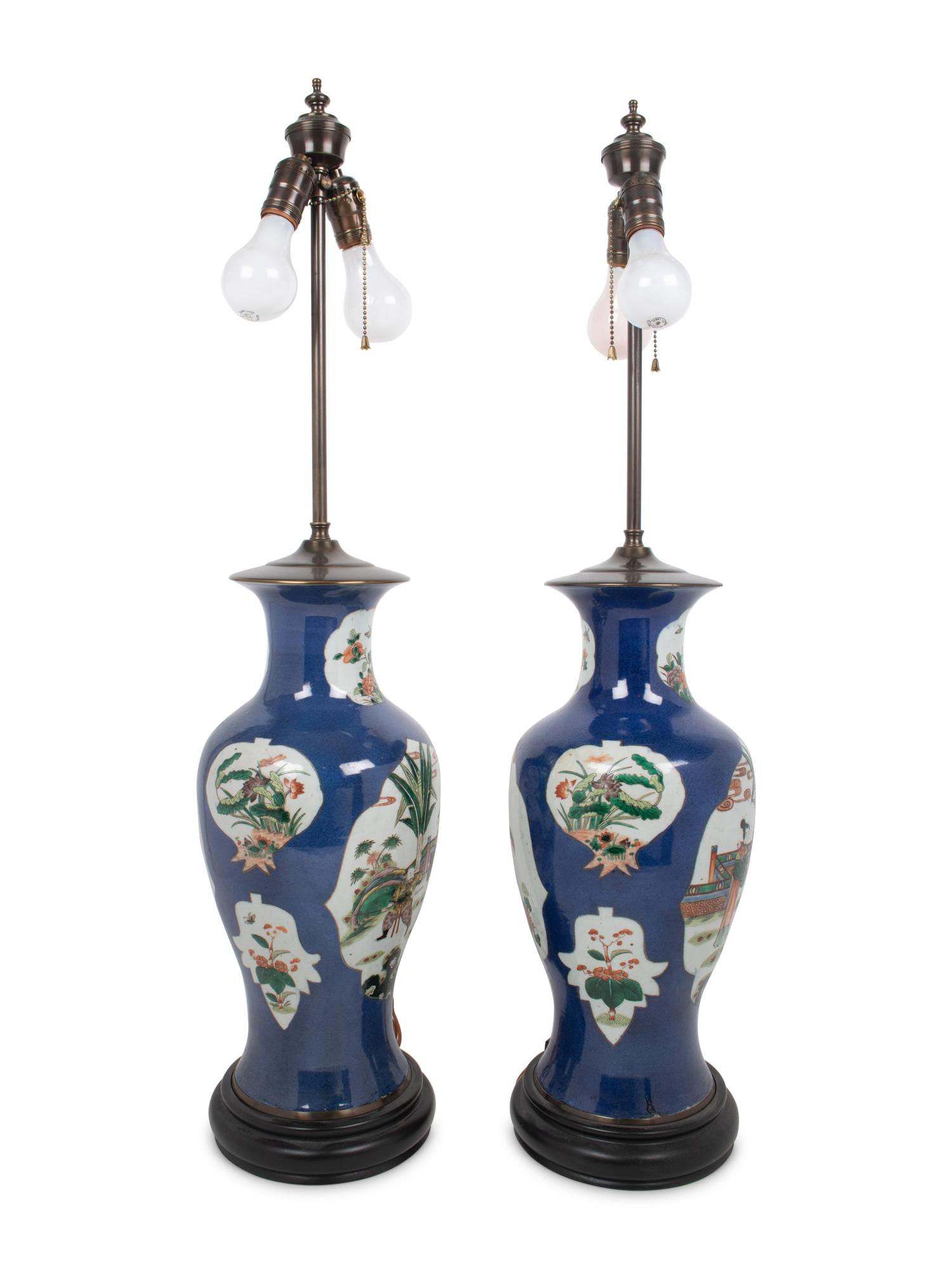 A Pair of Chinese Export Porcelain Vases Mounted as Lamps