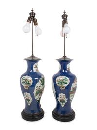 A Pair of Chinese Export Porcelain Vases Mounted as Lamps