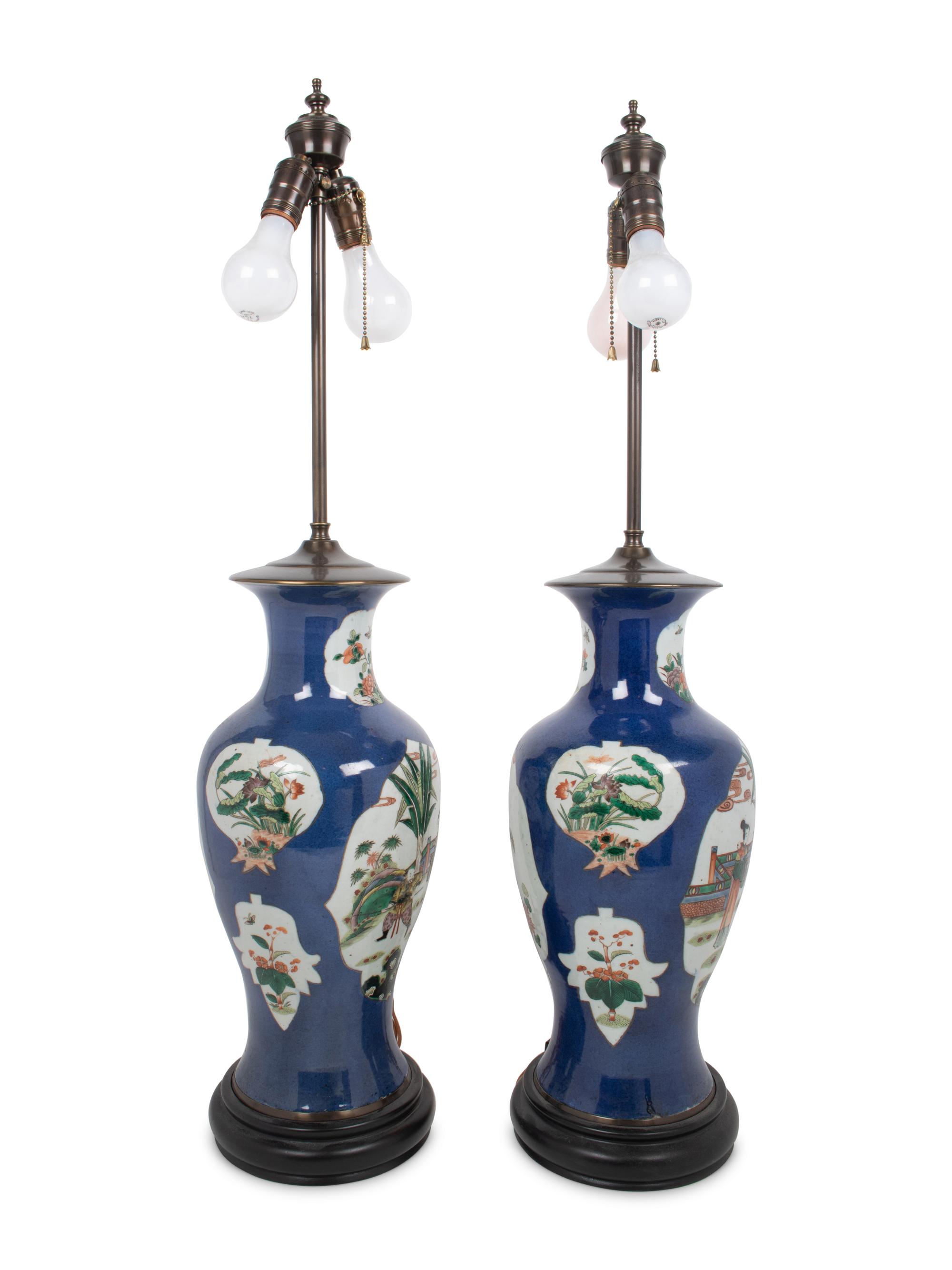 A Pair of Chinese Export Porcelain Vases Mounted as Lamps