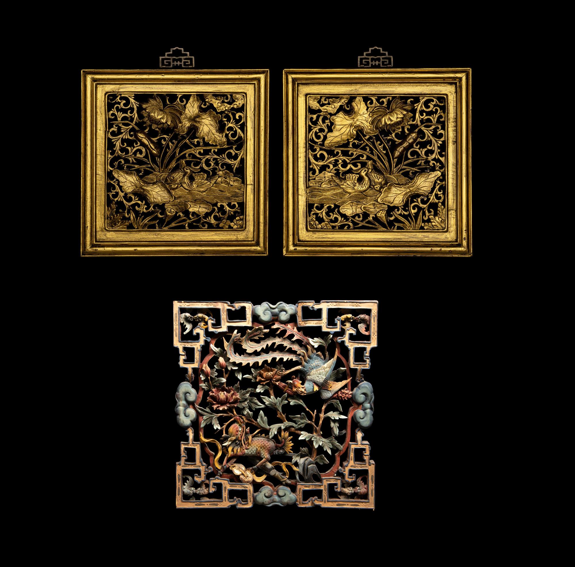 Three Chinese Carved Wood Panels