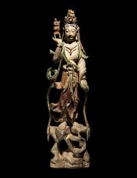 A Chinese Polychrome Painted Wood Guanyin
