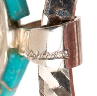 Cast Silver Pendant, with Petroglyph Design and Turquoise, Lapis, and Coral Inlay Lot is located and will ship from Denver, Colorado.