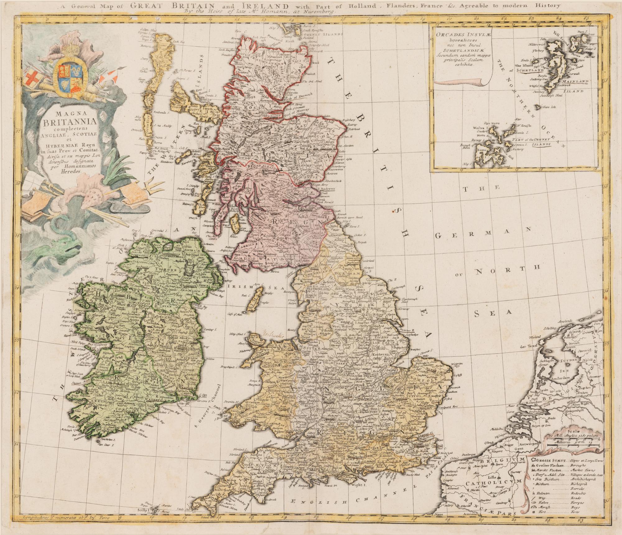[MAP]. HOMANN, Johann Baptist (1663-1724). Magna Britannia... A General Map of Great Britain and Ireland with part of Holland, Flanders, France & Agreable to Modern History . Nuremberg, 1740.