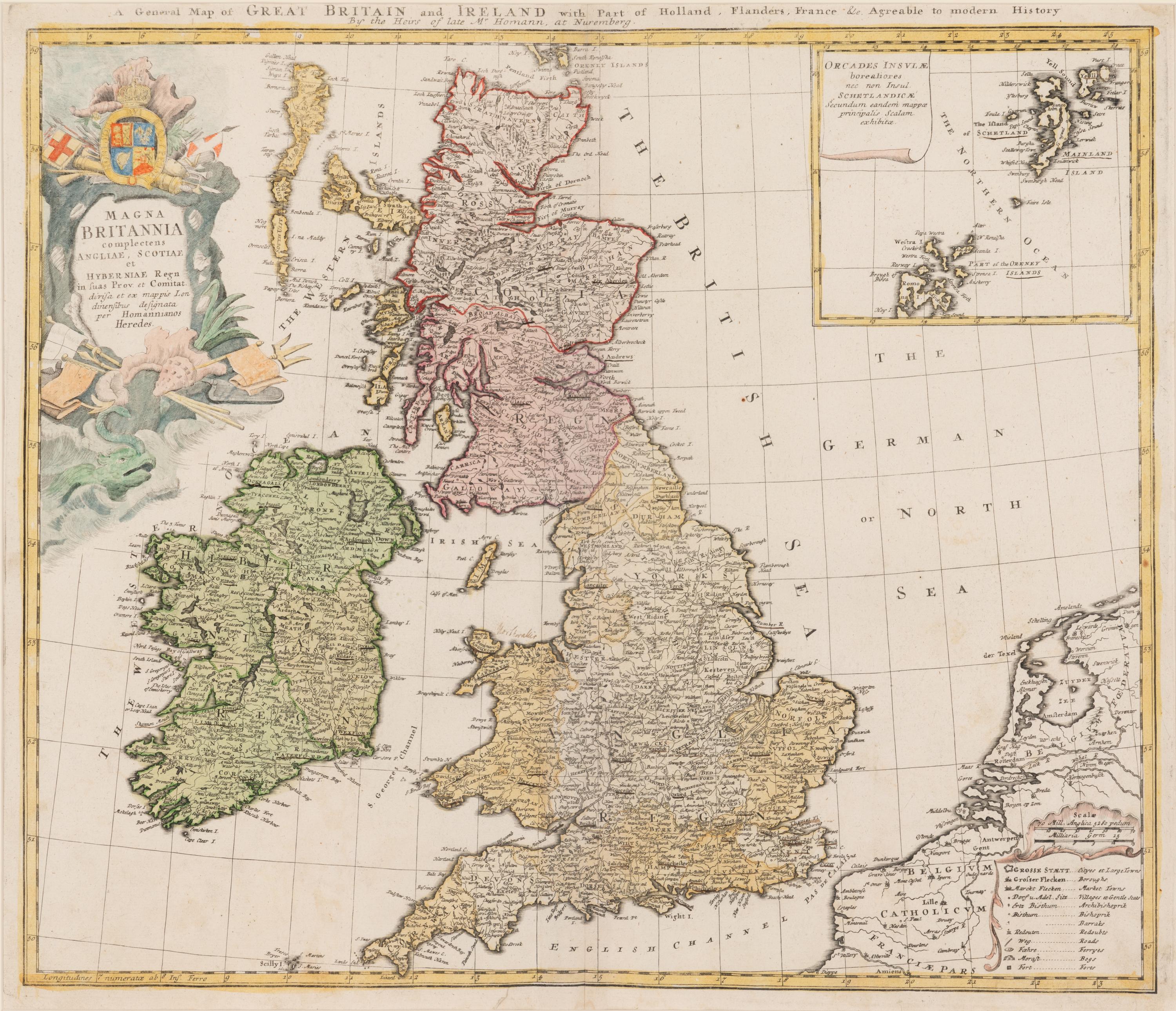 [MAP]. HOMANN, Johann Baptist (1663-1724). Magna Britannia... A General Map of Great Britain and Ireland with part of Holland, Flanders, France & Agreable to Modern History . Nuremberg, 1740.