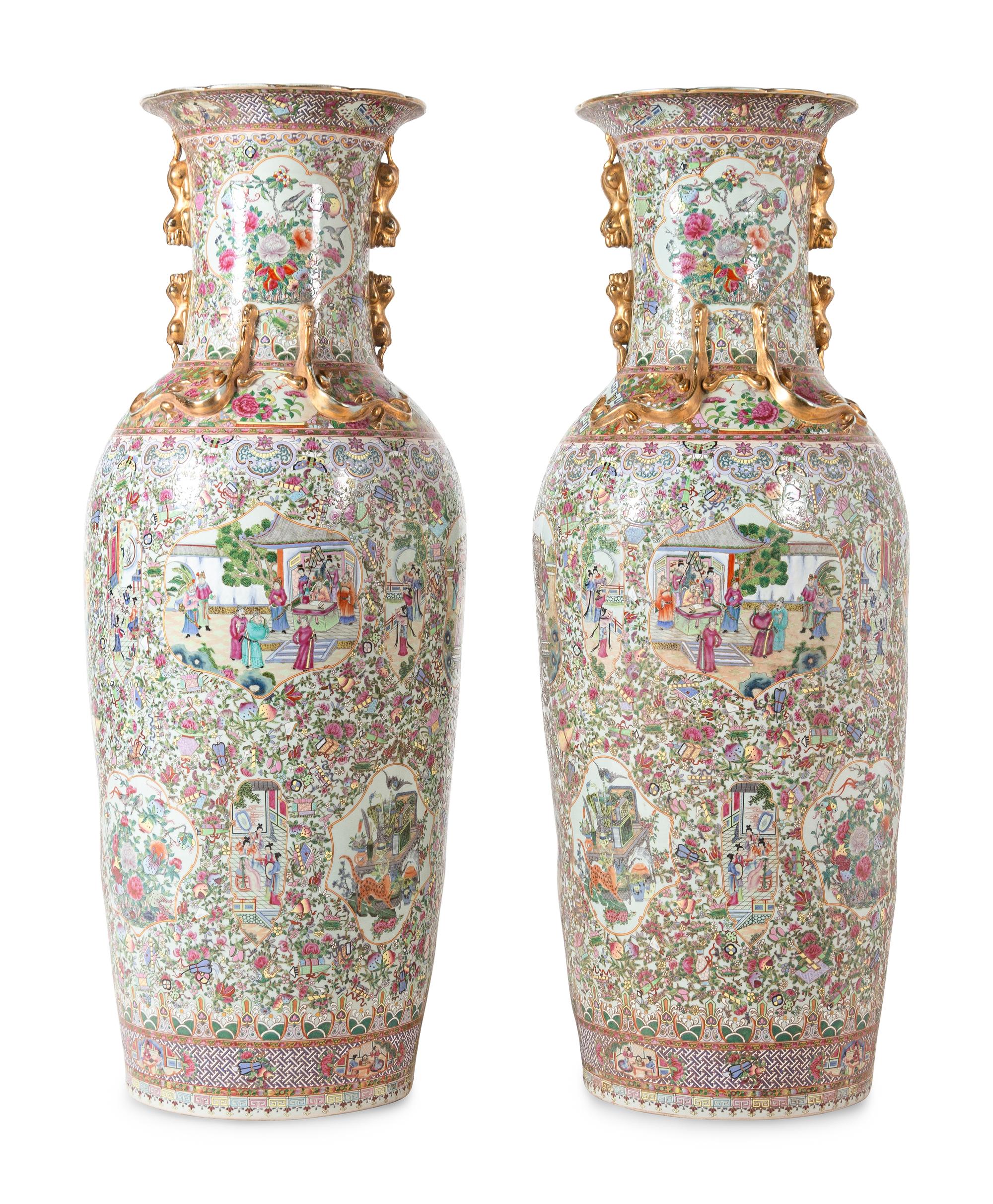 A Pair of Large Rose Medallion Porcelain Floor Vases