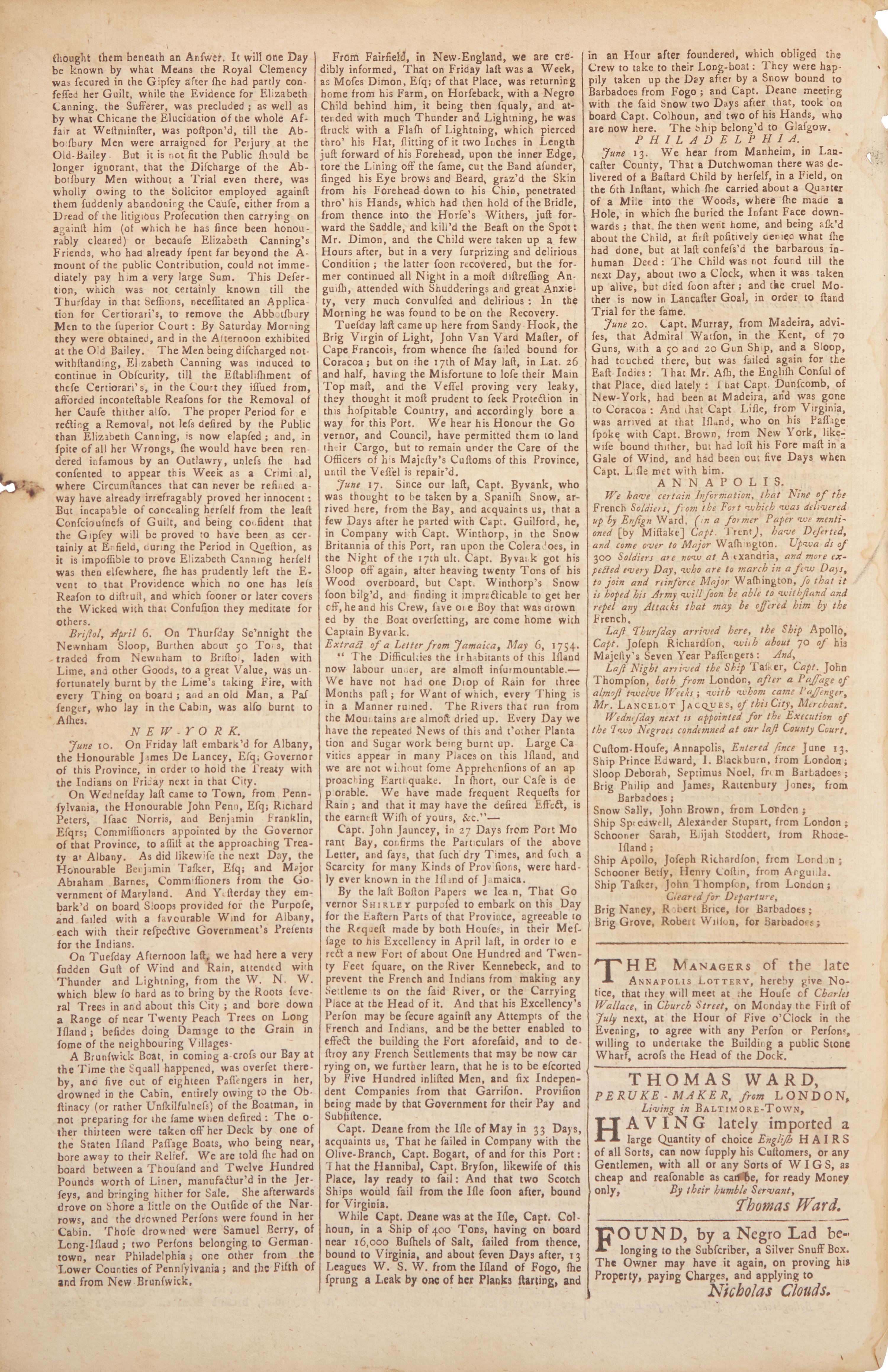[Washington, George] Early report of a 22-year-old George Washington, printed following the skirmish at Jumonville Glen, Pennsylvania, that Ignited the French and Indian War