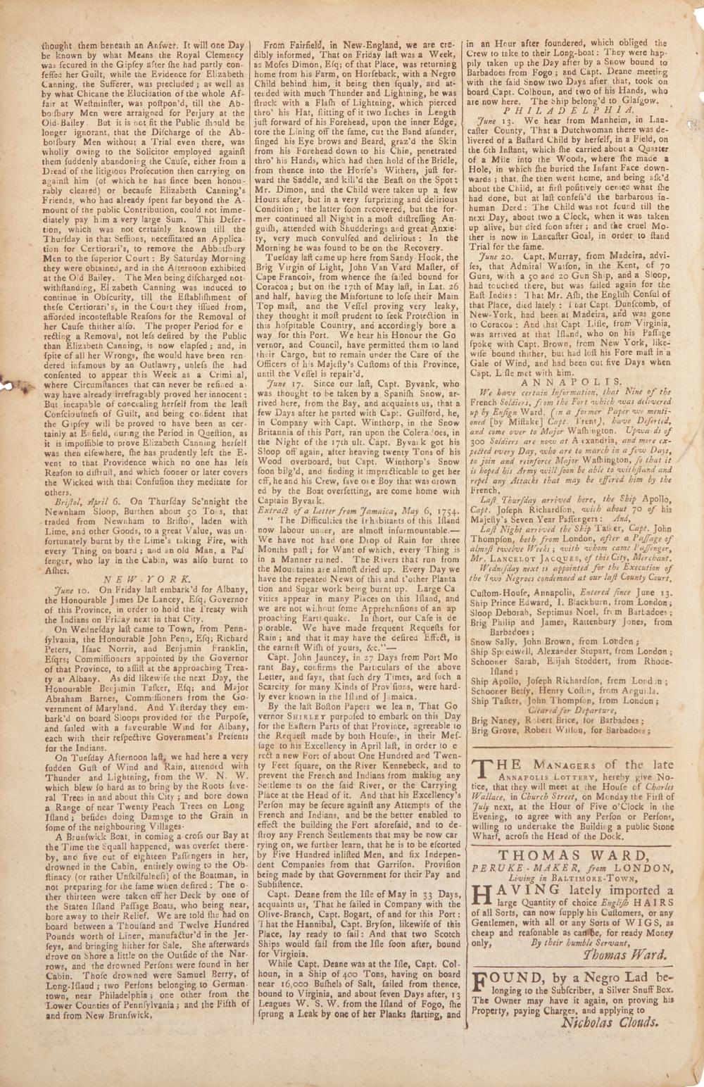 [Washington, George] Early report of a 22-year-old George Washington, printed following the skirmish at Jumonville Glen, Pennsylvania, that Ignited the French and Indian War