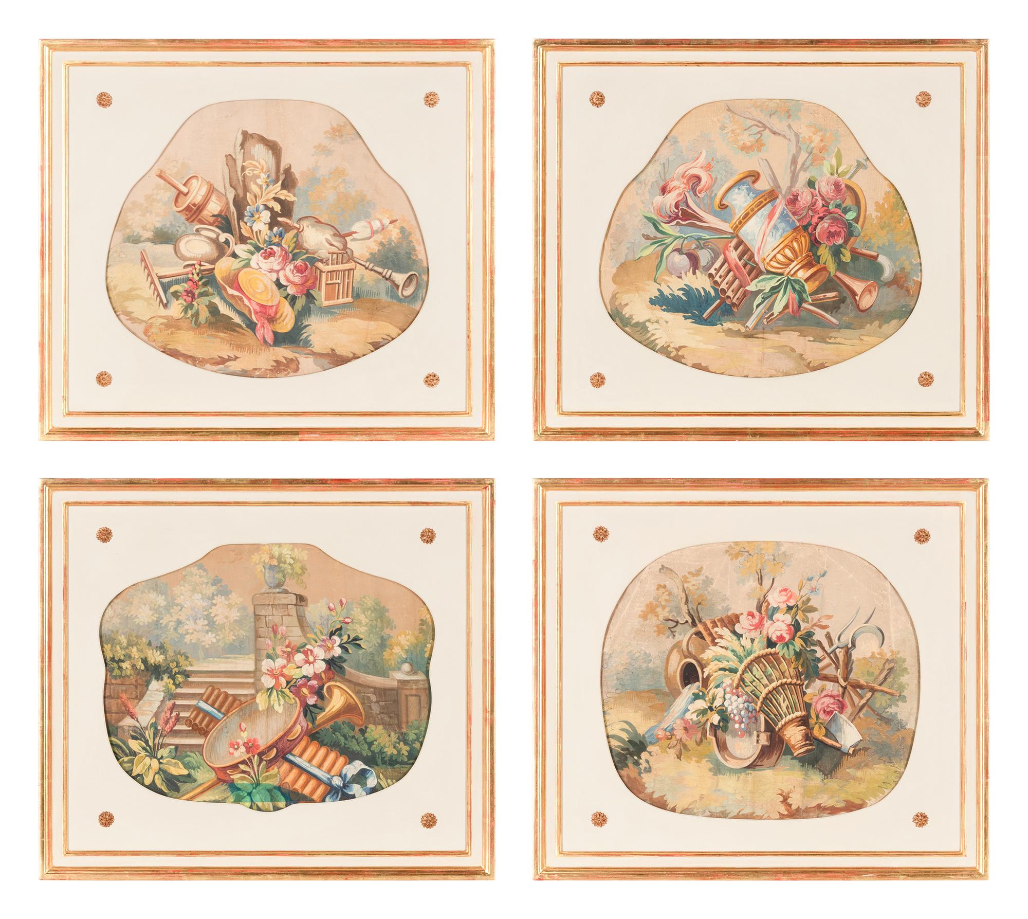 A Set of Four French Gouache Tapestry Cartoons for Seat Covers