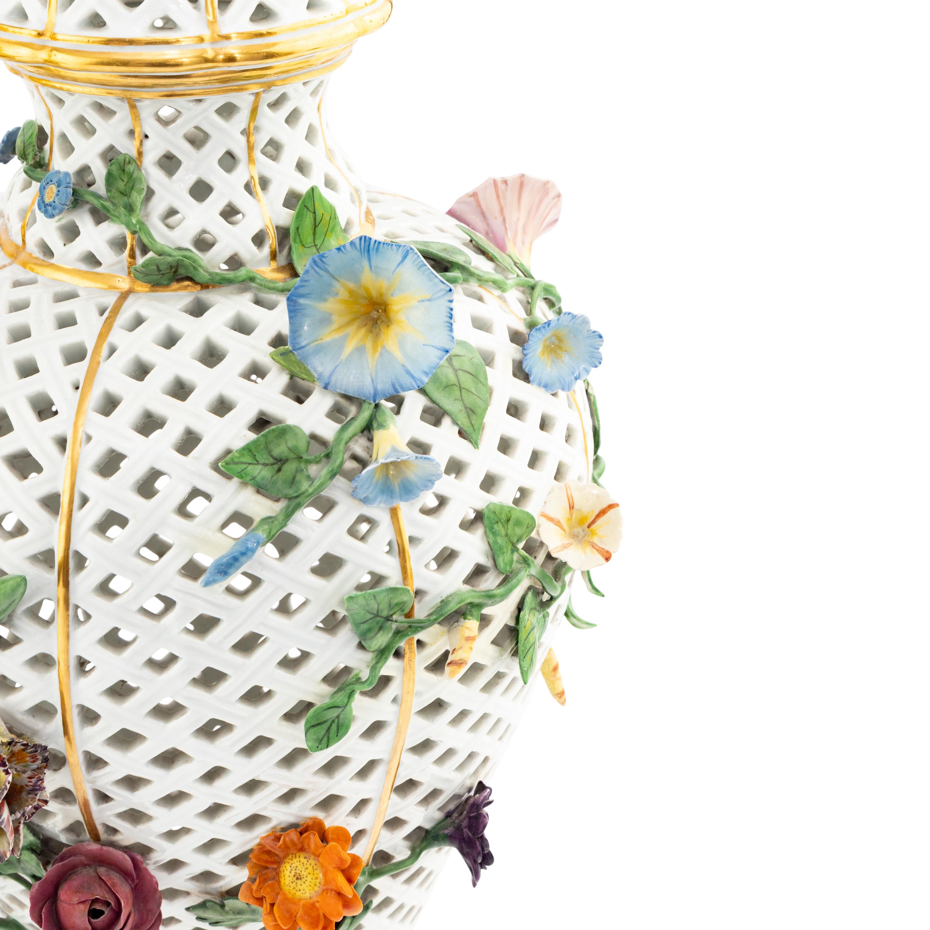 A Pair of Meissen Porcelain Reticulated Urns