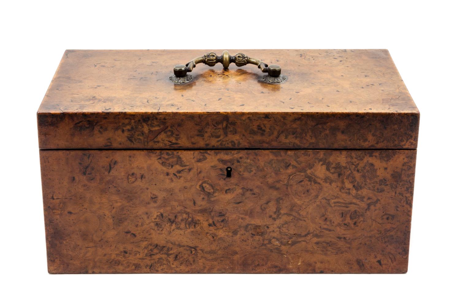 An English Burlwood Tea Caddy Width 13 1/4 inches. — 19TH CENTURY
