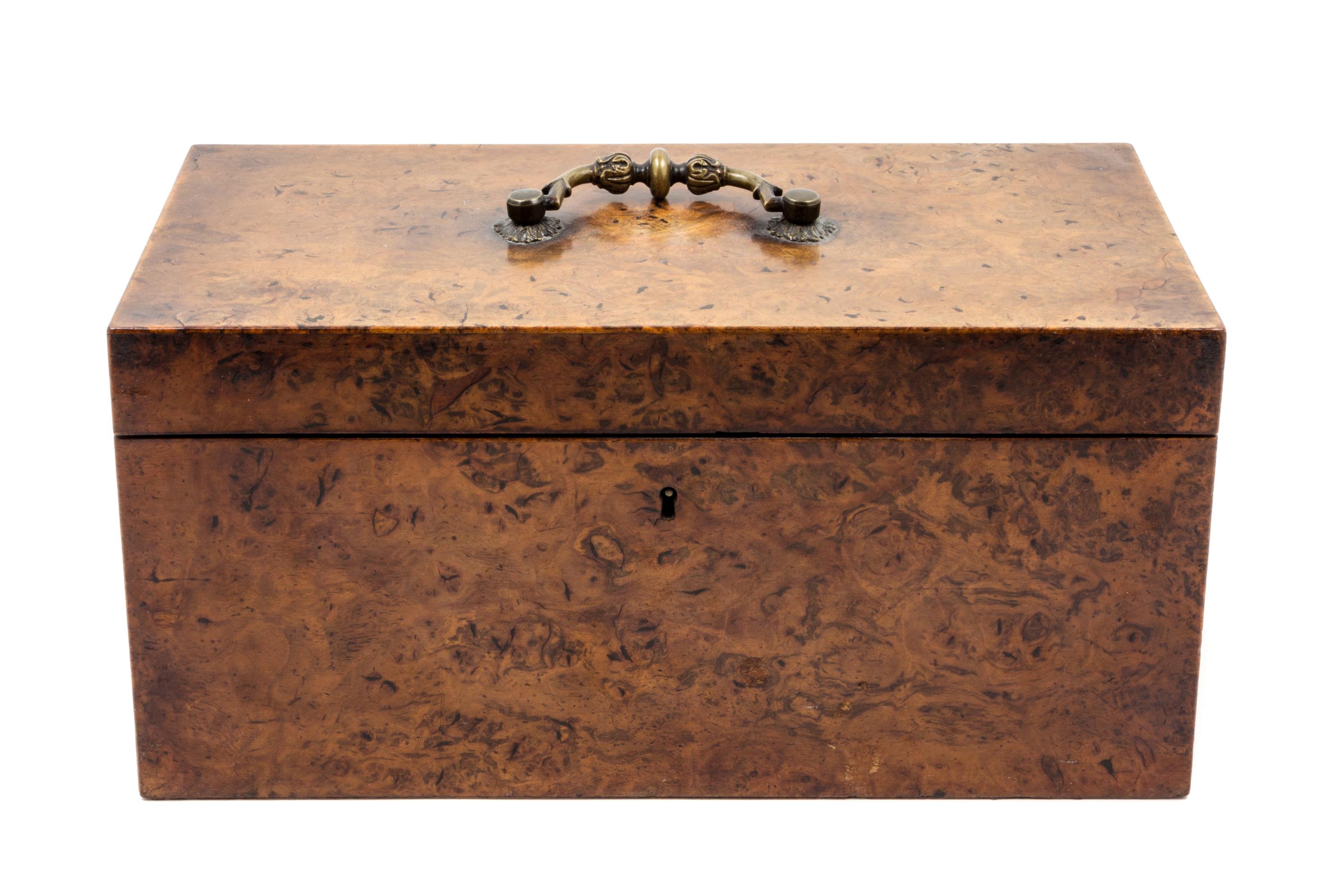An English Burlwood Tea Caddy Width 13 1/4 inches. — 19TH CENTURY