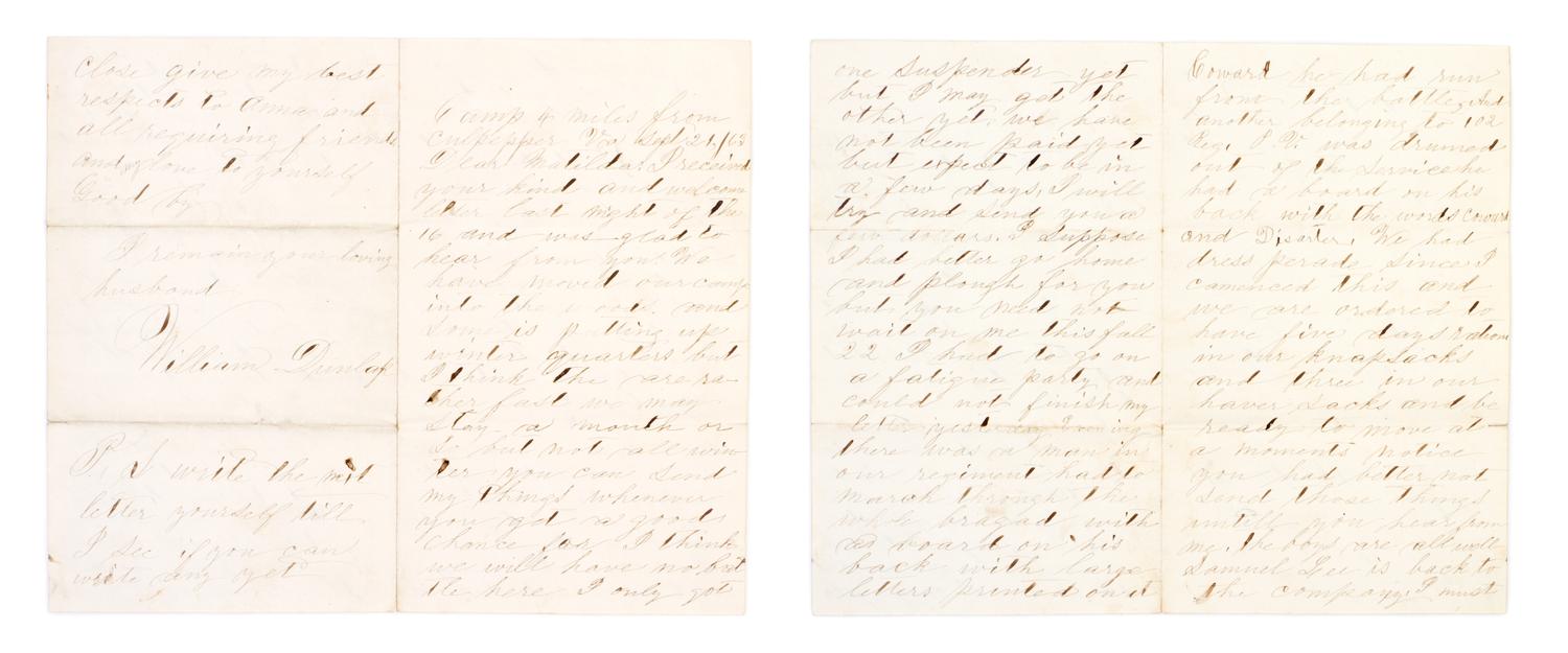 (CIVIL WAR) DUNLAP, WILLIAM. Archive of correspondence, 1863-1865, Gettysburg and Lincoln's death included.