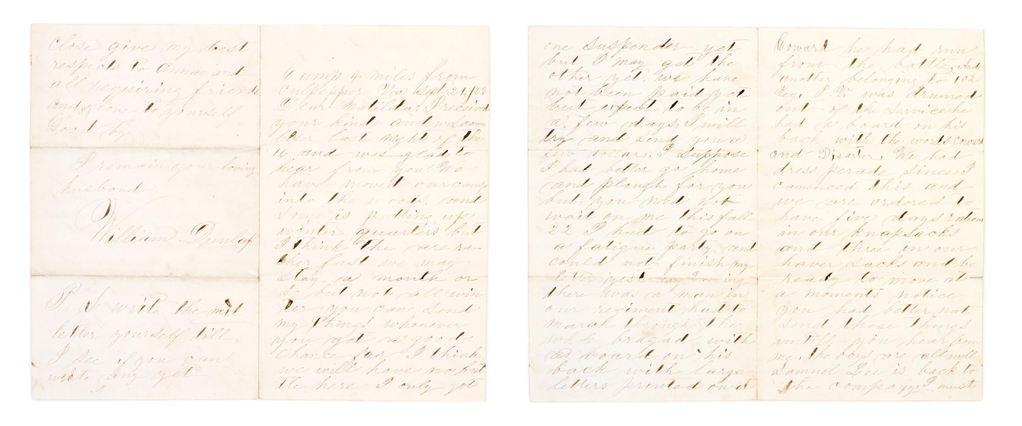 (CIVIL WAR) DUNLAP, WILLIAM. Archive of correspondence, 1863-1865, Gettysburg and Lincoln's death included.