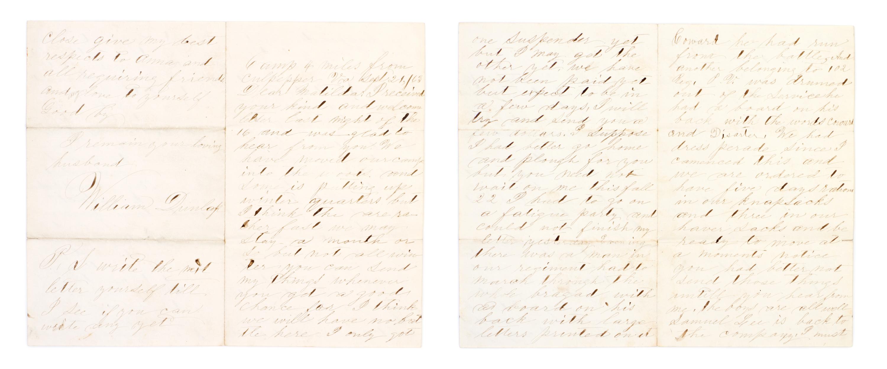 (CIVIL WAR) DUNLAP, WILLIAM. Archive of correspondence, 1863-1865, Gettysburg and Lincoln's death included.