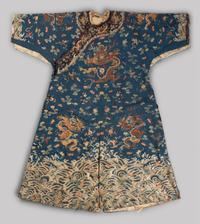 A Chinese Blue Ground Embroidered Silk Dragon Robe, Jifu