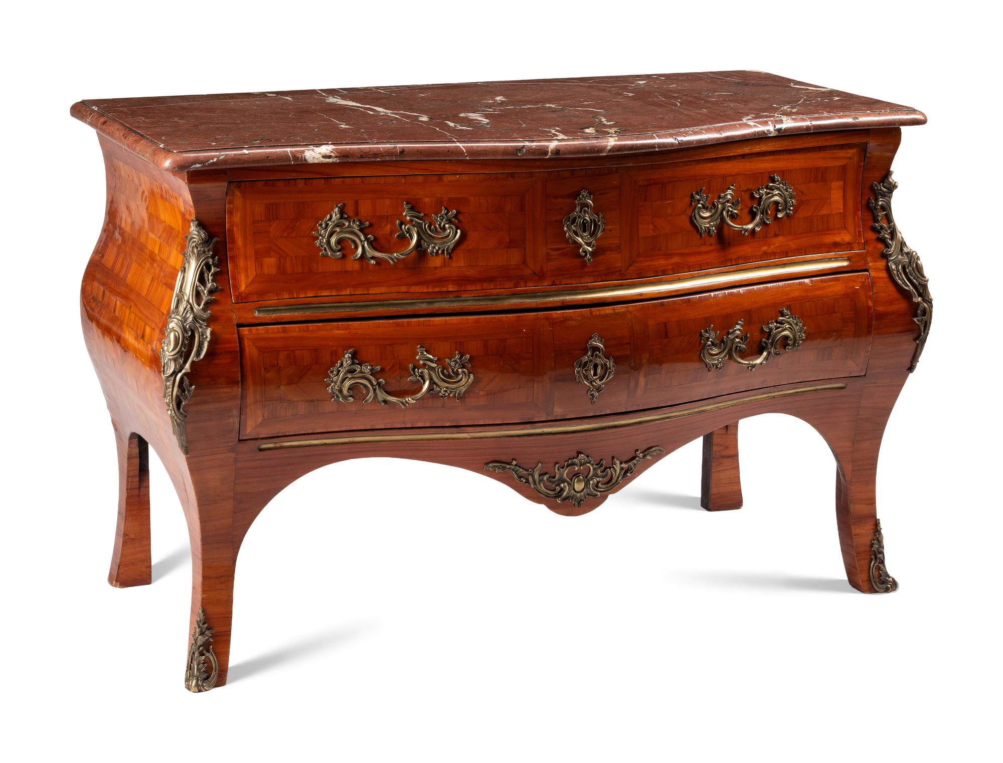 A Louis XV Style Gilt Bronze Mounted Parquetry Marble-Top Commode
