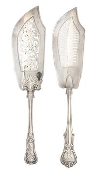 Two Victorian Silver Fish Slices, London, 1844 and 1846, comprising an example in the Victoria pattern with a star crest, William Eaton
