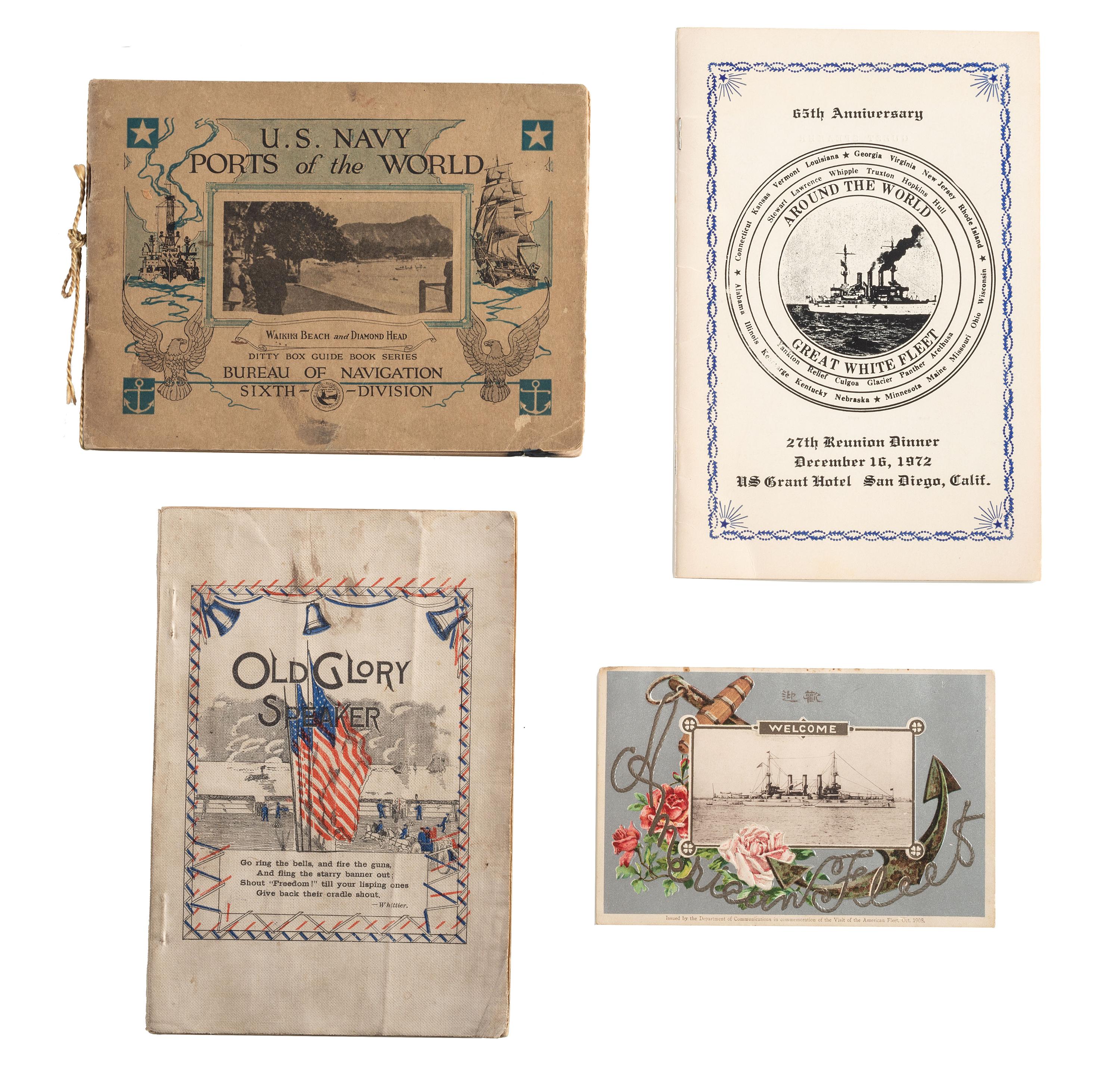 [US NAVY]. Diary kept by Lawrence R. Thompson (1883-1973) while serving on board the USS Georgia and navigating the globe as part of the the Great White Fleet, with document box, naval ephemera, and framed banners.